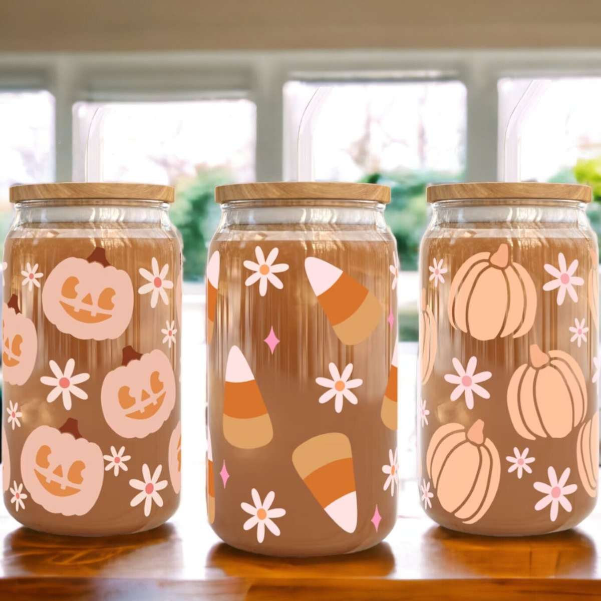 Fall Glass Cups with Lid and Straw