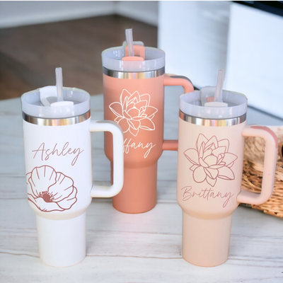 Personalized 40 oz Tumbler with Handle & Straw Floral Tumbler