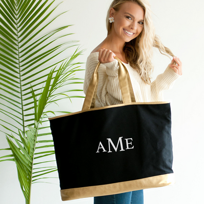 Embroidered Tote Bag with Gold Trim in Black