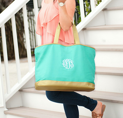 Embroidered Tote Bag with Gold Trim in Mint