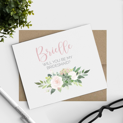 Succulent Floral Will You Be My Bridesmaid Cards with Name perfect for bridesmaid proposal