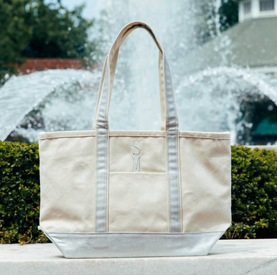 Metallic Gold Medium Canvas Monogrammed Boat Tote Bag with Zipper in natural & silver variant