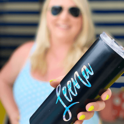 Lady holding Personalized Skinny Tumbler in Matte Black perfect for bachelorette gift