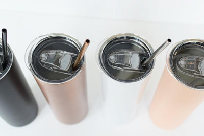 top photo of Personalized Skinny Tumbler in Matte Peach Blush or Shimmer White
