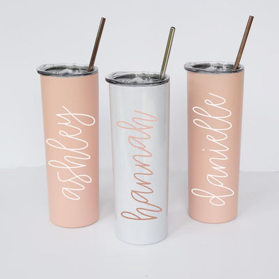 Personalized Skinny Tumbler in Matte Peach Blush and Shimmer White