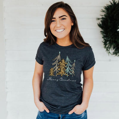 Merry Christmas Trees Graphic Tee in navy shirt