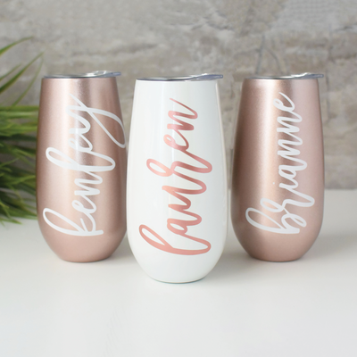 Champagne Flute Wine Tumbler in Rose Gold and Pearl perfect for bridesmaid gifts bachelorette party gifts bridal shower front
